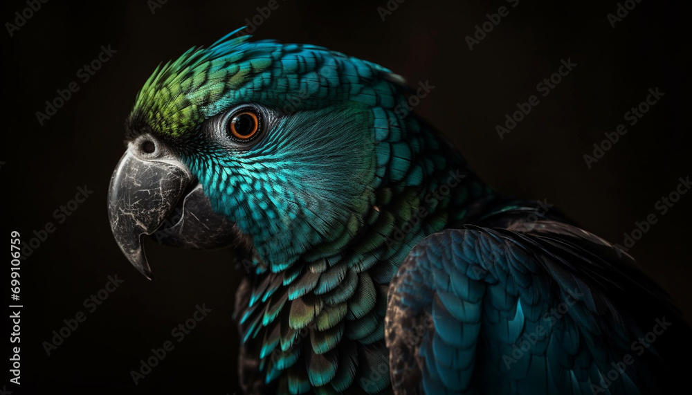 Fototapeta premium Vibrant gold and blue macaw perching on branch in rainforest generated by AI