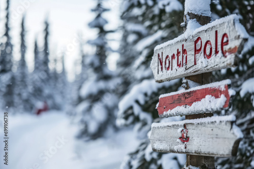 Text North Pole Clearly Visible On Signpost In Winter Landscape