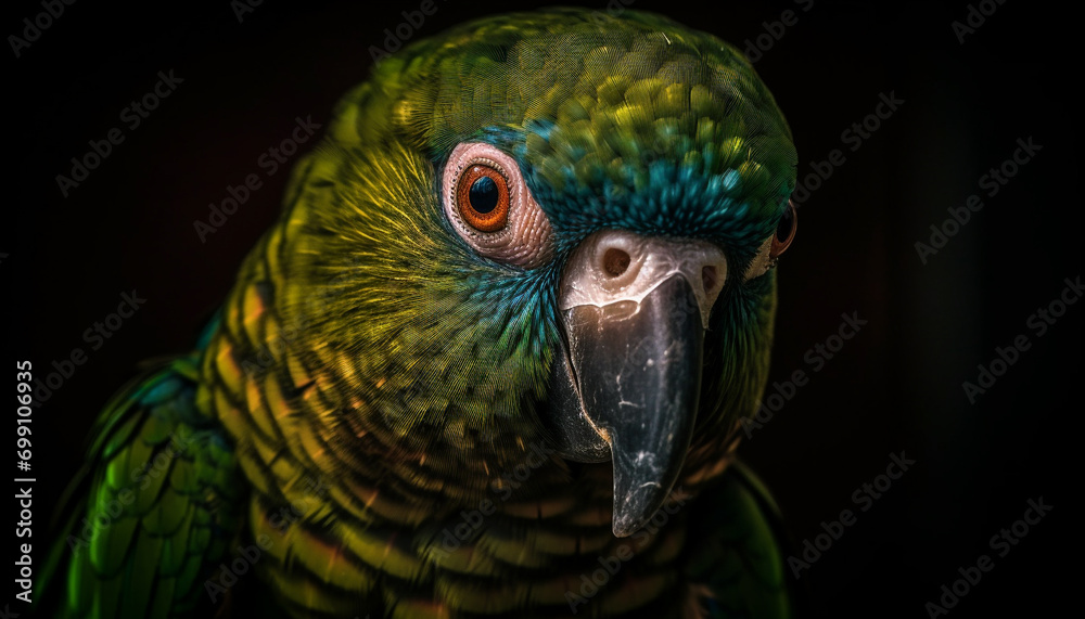 Vibrant gold and blue macaw perching on branch, looking cute generated by AI