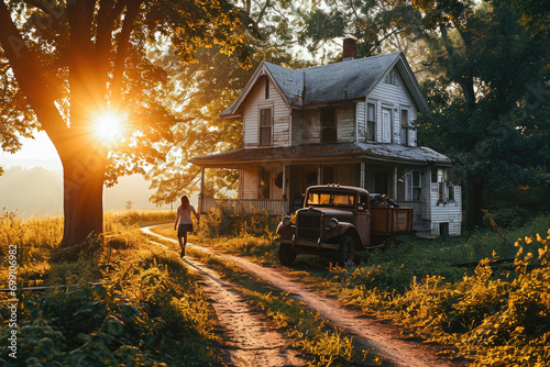 Warm sunset over a peaceful rural scene with a woman walking towards a vintage farmhouse and old car. photo