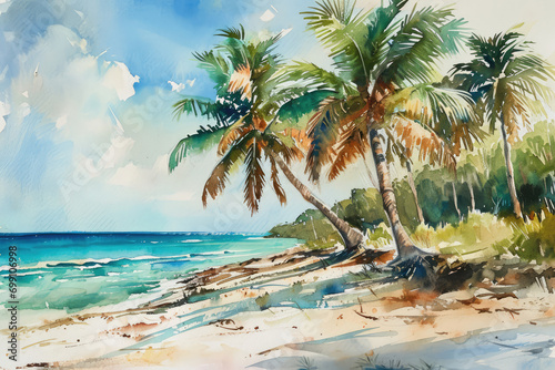 Watercolor Painting Of Palm Trees On The Beach