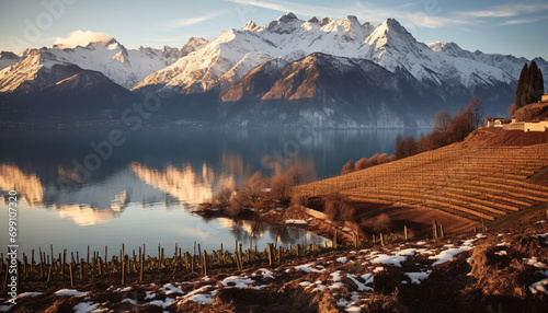 Majestic mountain peak reflects tranquil sunset over snowy landscape generated by AI