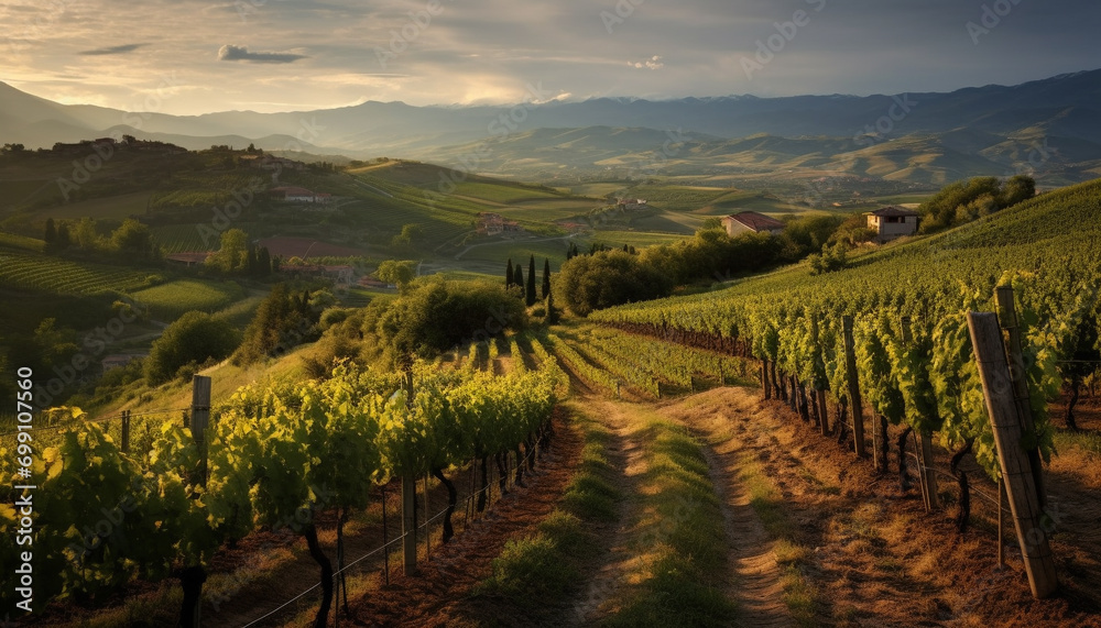 Sunset over a vineyard, a tranquil scene of nature beauty generated by AI
