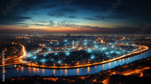 connection, digital, network, technology, communication, energy, line, wireless, connect, innovation. global media link connecting on night city background, internet, 5G communication. generate via AI