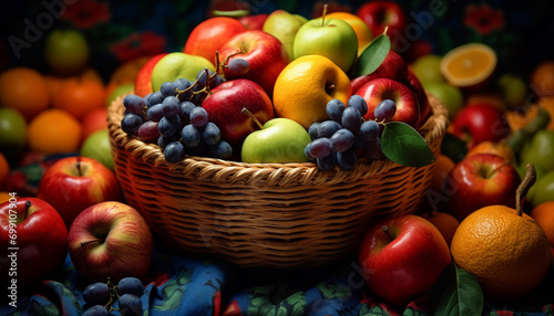 Freshness of fruit basket apple  grape  orange  ripe  healthy eating generated by AI