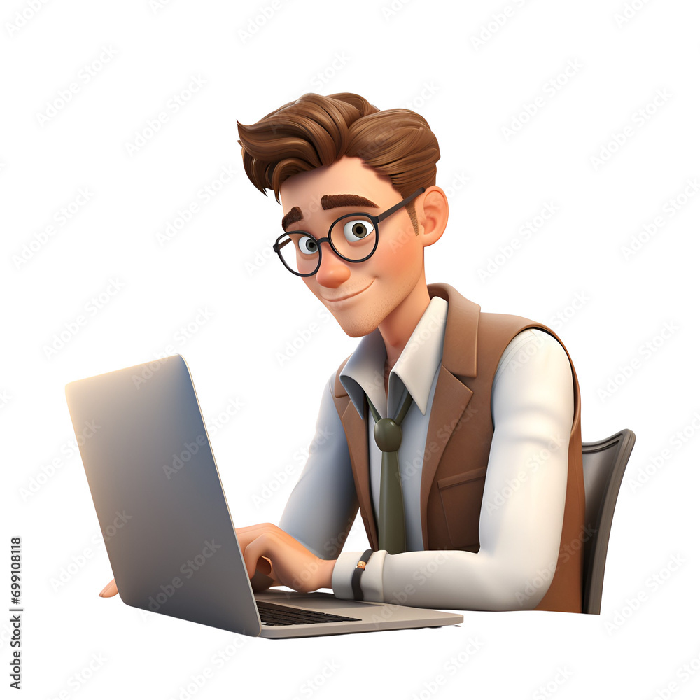 Close-up cartoon portrait of a young business man, an employee, working with his laptop in the office or home, represented as a 3D icon, Isolated on Transparent Background, PNG Close-up cartoon portrait of a young business man, an employee, working with his laptop in the office or home, represented as a 3D icon, Isolated on Transparent Background, PNG