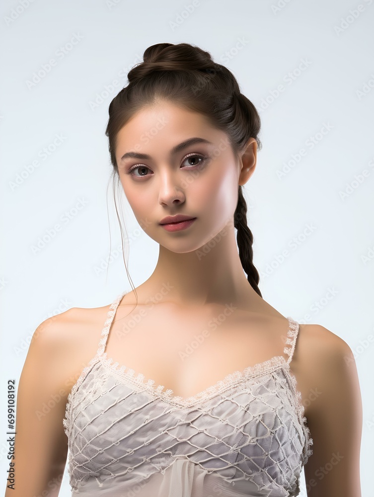 Portrait of beautiful Japanese woman with braided hair wearing ballet dress, isolated white background, AI Generative Portrait of beautiful Japanese woman with braided hair wearing ballet dress, isolated white background, AI Generative