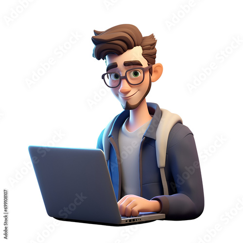 3D icon of a young business man, working as a freelancer programmer with his laptop in the office or home, employee cartoon close-up portrait, Isolated on Transparent Background, PNG