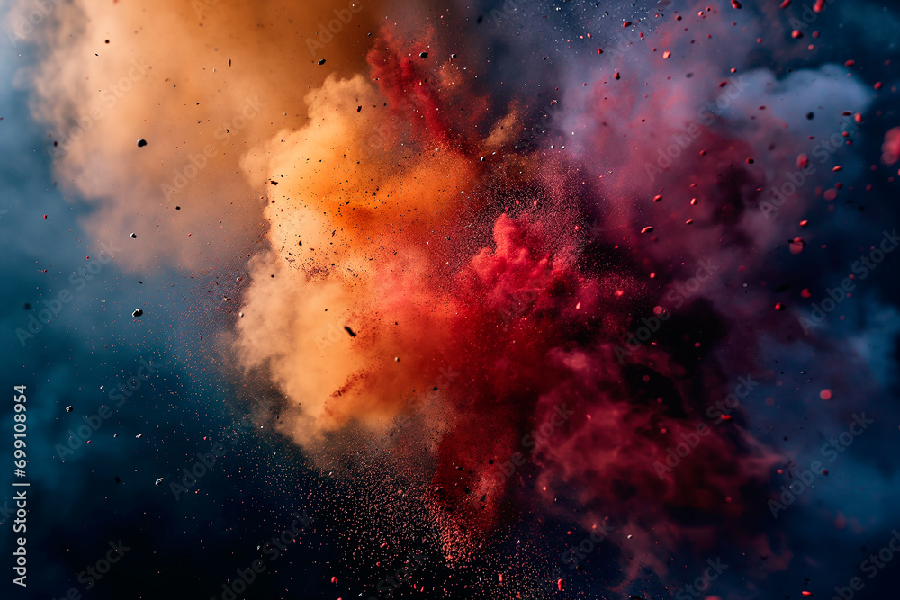 A bright and powerful explosion in the sky. The explosion is accompanied by a colorful emission of dust and clouds.