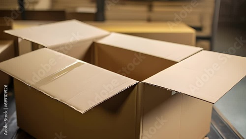 A closeup of a large cardboard box being filled to capacity with various items for packaging and shipping. photo
