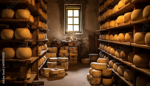 Stacks of cheese wheels in a cellar, aging in rows generated by AI