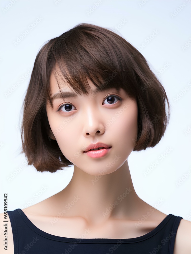 Portrait of beautiful Japanese woman with short bob haircut, isolated white background, AI Generative Portrait of beautiful Japanese woman with short bob haircut, isolated white background, AI Generative