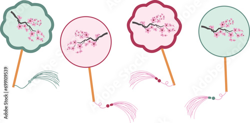 vector set of traditional chinese beautiful fans. oriental asian anime accessories in cartoon style. graceful geisha fans with sakura isolated on transparent background