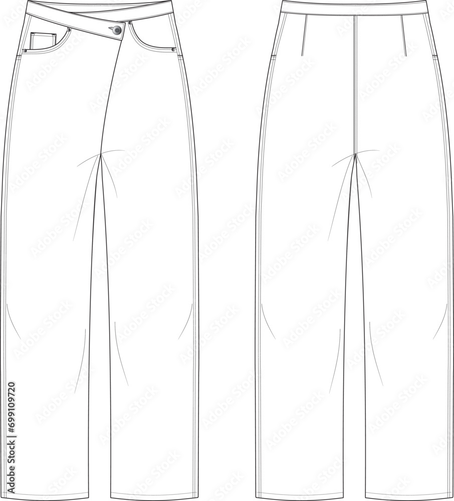 Asymmetric belted denim pants vector drawing Asymmetric belted denim pants vector drawing