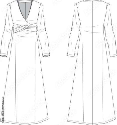 V neck long sleeve twisted belt maxi dress technical drawing vector