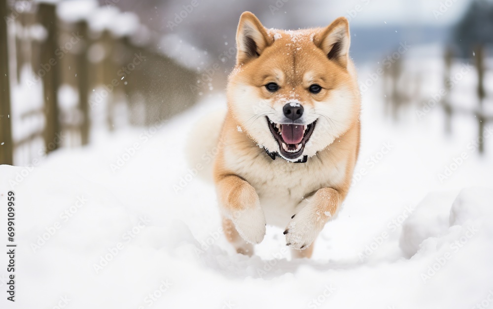 Happy Shiba-inu running in snow. Winter concept Happy Shiba-inu running in snow. Winter concept