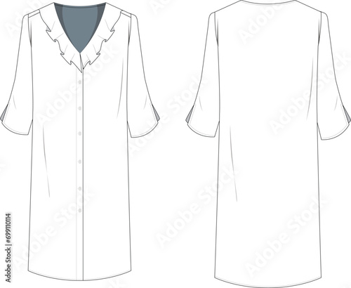 3/4 sleeve ruffle neck button down shirt dress vector technical drawing