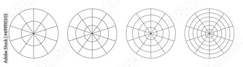 Wheel of life graph templates. Simple coaching tool for visualizing all areas of life. Polar grids with segments and concentric circles. Circle diagrams of life style balance. Blank polar graph paper.