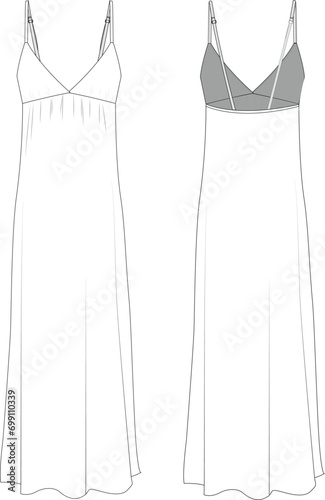 V neck strapped maxi night dress vector technical drawing