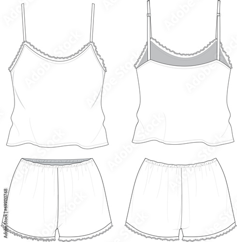 Sleepwear set with strapped top and short technical drawing vector