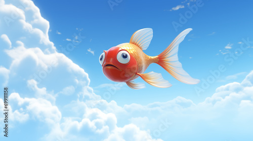 Um peixe nadando no céu azul - Ilustração engraçada   photo