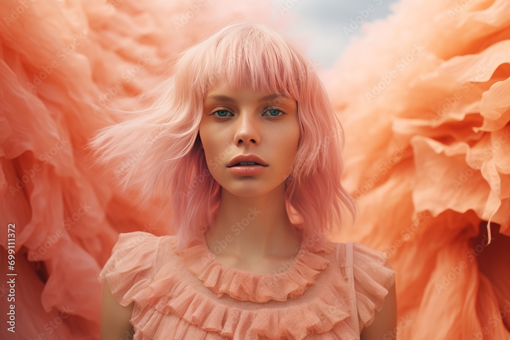A woman sporting hair and clothing in the Peach Fuzz, the color of the year 2024
