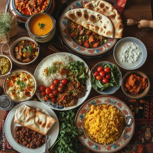 Traditional Iftar table spread with diverse Ramadan dishes