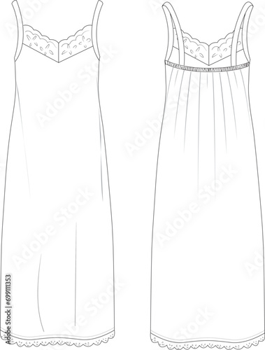 Lace detailed strapped night gown technical drawing