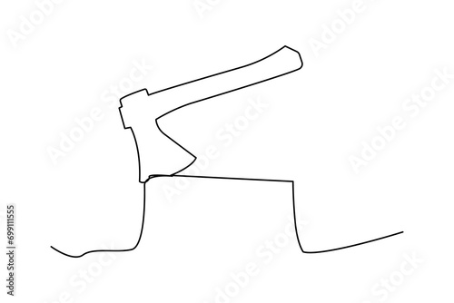 Continuous line drawing of an axe with tree stump on white background