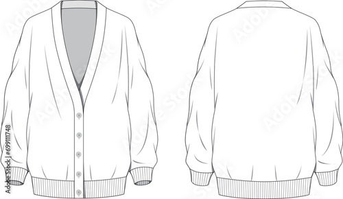 Basic V neck long sleeve cardigan technical drawing vector
