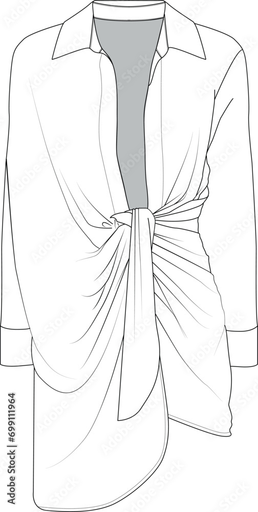 Waist tie draped shirt dress technical drawing vector Waist tie draped shirt dress technical drawing vector