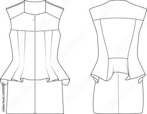 Zipped front peplum sleeveless mini dress vector technical drawing cad photo