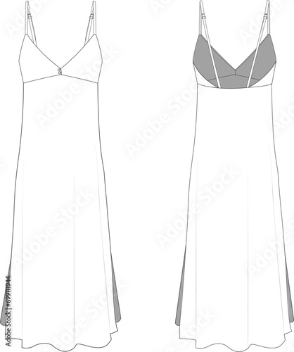 Strapped side slit v neck long night dress vector technical drawing