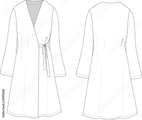 waist tie v neck woman midi dress cad vector technical drawing