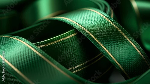 A closeup of a grosgrain ribbon in a rich shade of emerald green, showcasing its ribbed texture and shining like a luxurious present. photo