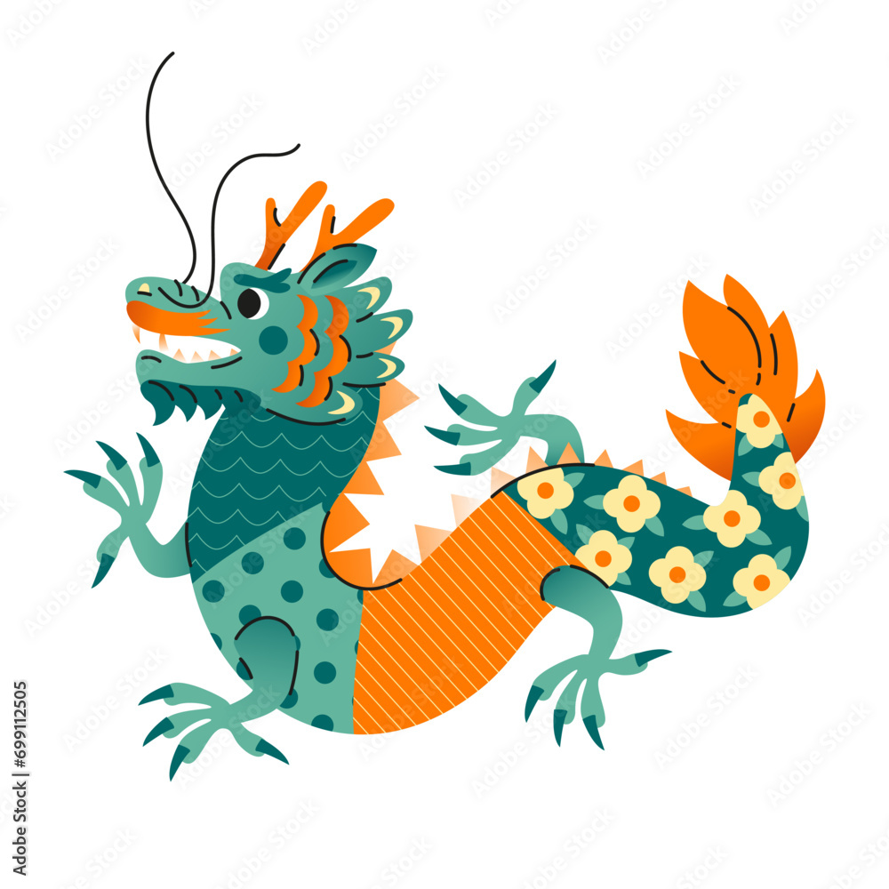 Fototapeta premium 2024 Chinese Dragon Lunar New Year card. Festive vector illustration. Chinese greeting design. Hand drawn Asian style abstract geometric dragon.