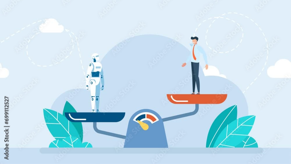 Balance scales human vs robot. Competition concept artificial intelligence digital technology. Robot standing on the scale and equal to businessman. Artificial intelligence robot. 2d flat animation