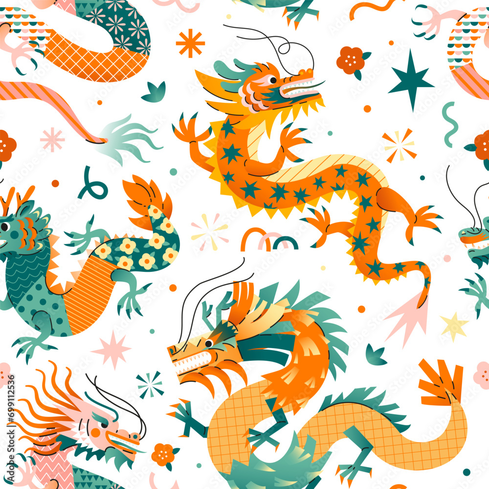 2024 Chinese Dragon Lunar New Year seamless pattern. Festive vector illustration. Chinese greeting design. Hand drawn Asian style abstract geometric dragons. 