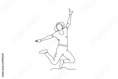 Single continuous line drawing of A woman jumping in the air, happy free people fly concept. One line draw graphic design vector
