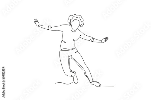 Single continuous line drawing of A woman jumping in the air, happy free people fly concept. One line draw graphic design vector 