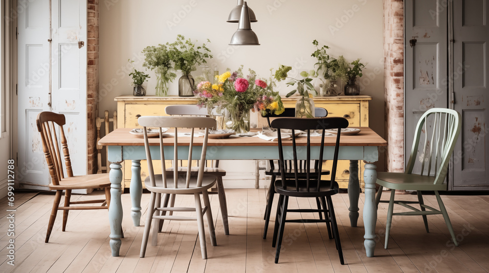 Mismatched Dining Chairs around a Vintage Table