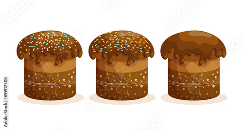 Easter cake set. Cakes with icing. Easter icons, decor elements, vector