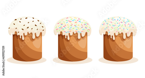 Easter cake set. Cakes with icing. Easter icons, decor elements, vector