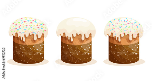 Easter cake set. Cakes with icing. Easter icons, decor elements, vector