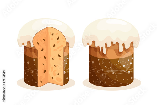 Easter cake set. Cakes with icing, whole and sliced. Easter icons, decor elements, vector