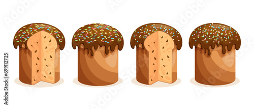 Easter cake set. Cakes with icing, whole and sliced. Easter icons, decor elements, vector