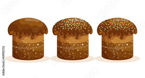 Easter cake set. Cakes with icing. Easter icons, decor elements, vector