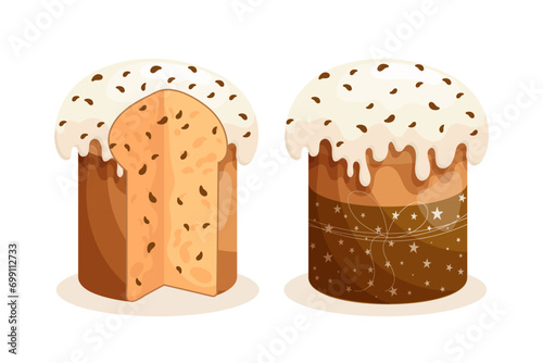 Easter cake set. Cakes with icing, whole and sliced. Easter icons, decor elements, vector
