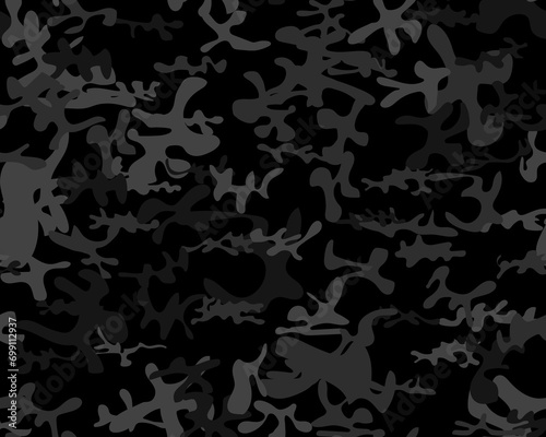 Camouflage Abstract Vector. Seamless Print. Army Woodland Paint. Tree Gray Grunge. Digital Black Camouflage. Urban Camo Print. Military Vector Camouflage. Dark Repeat Pattern. Hunter Gray Texture.
