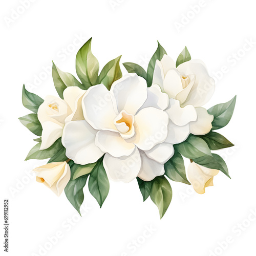 Gardenia Flower watercolor painting illustration suitable for wedding, greeting card, fabric, textile, wallpaper, ceramic, brand, web design, stationery, cosmetic, social media, scrapbook.
 photo